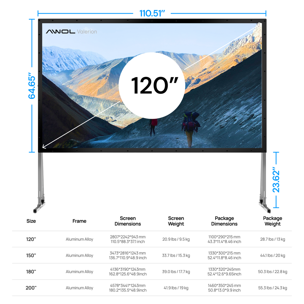 AWOL Valerion 120''-200'' Outdoor Camping Portable Folding Matte White Screen